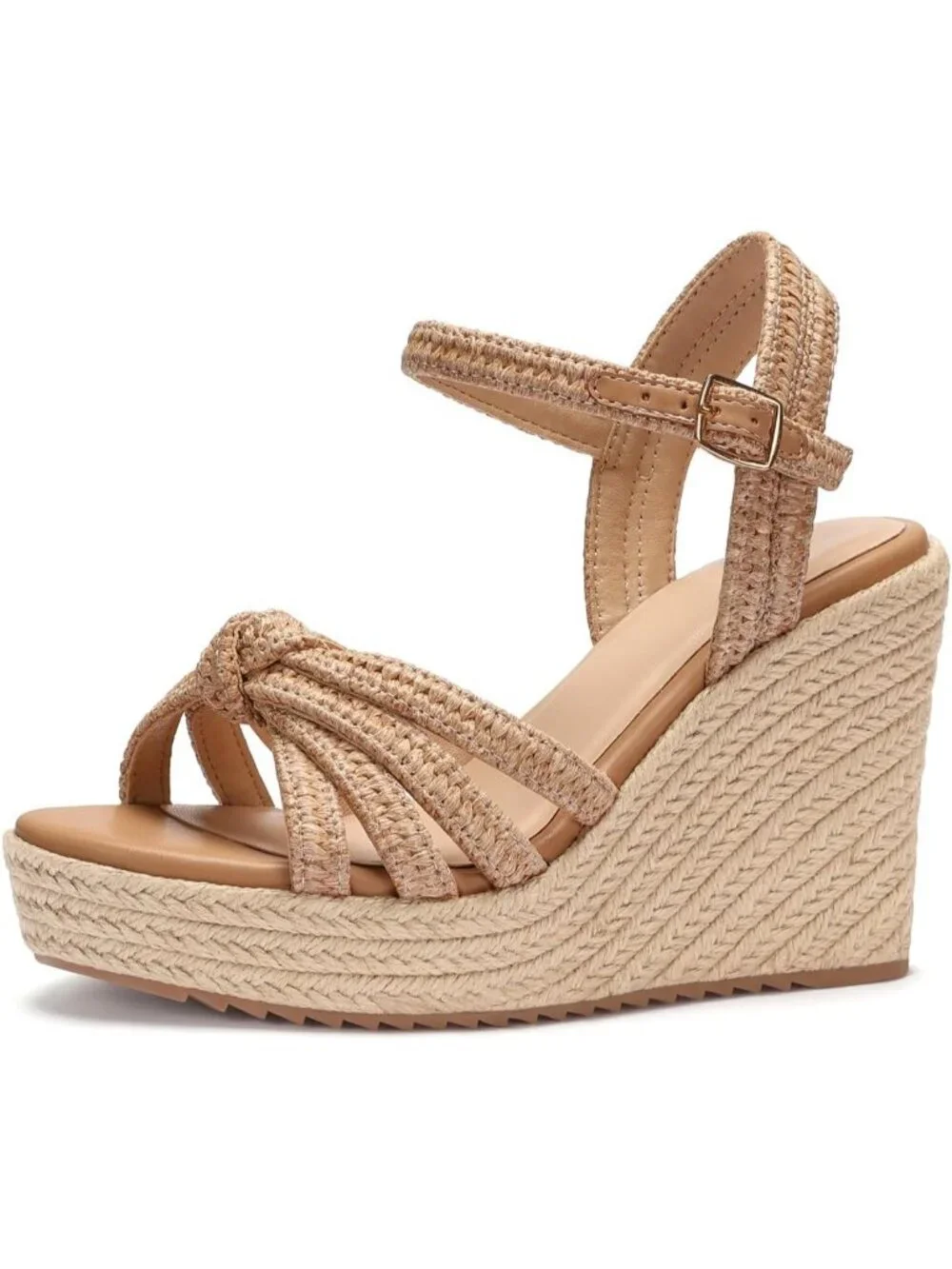 Women's Brown Raffia Espadrille Platform Wedge Sandal Open Toe Ankle Strap Heels